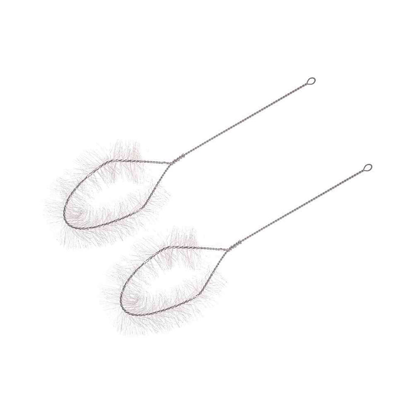 Set of two beaker brushes with hard nylon bristles on stainless steel wire for effective cleaning.
